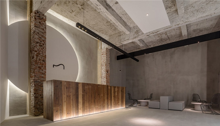 七十年代老建筑改造創(chuàng)意影視公司裝修前臺(tái)形象墻效果圖