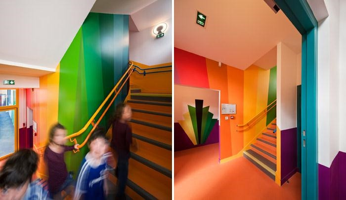 以彩虹為主題的法國幼兒園樓梯裝修設計方案
