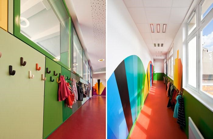 以彩虹為主題的法國幼兒園走廊裝修設計方案