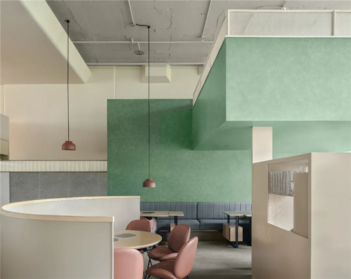 薄荷綠色系清新自然的特色火鍋店裝修設(shè)計實景圖